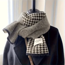 1 件男女通用优雅黑白千鸟格厚保暖波浪图案针织羊毛围巾，时尚厚针织冬季 - 彩色 - 查看 4