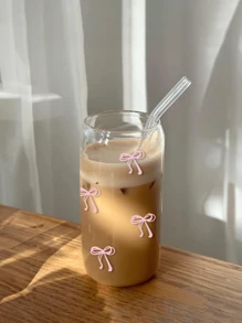 1pc 16oz Transparent Cup Comes With Bamboo Lid & Straw,With Pink/Blue Bow Design, Large Capacity Outdoor Travel Portable Drink Juice Cup For Summer & Winter, Birthday Party Holiday Gift, Christmas Present