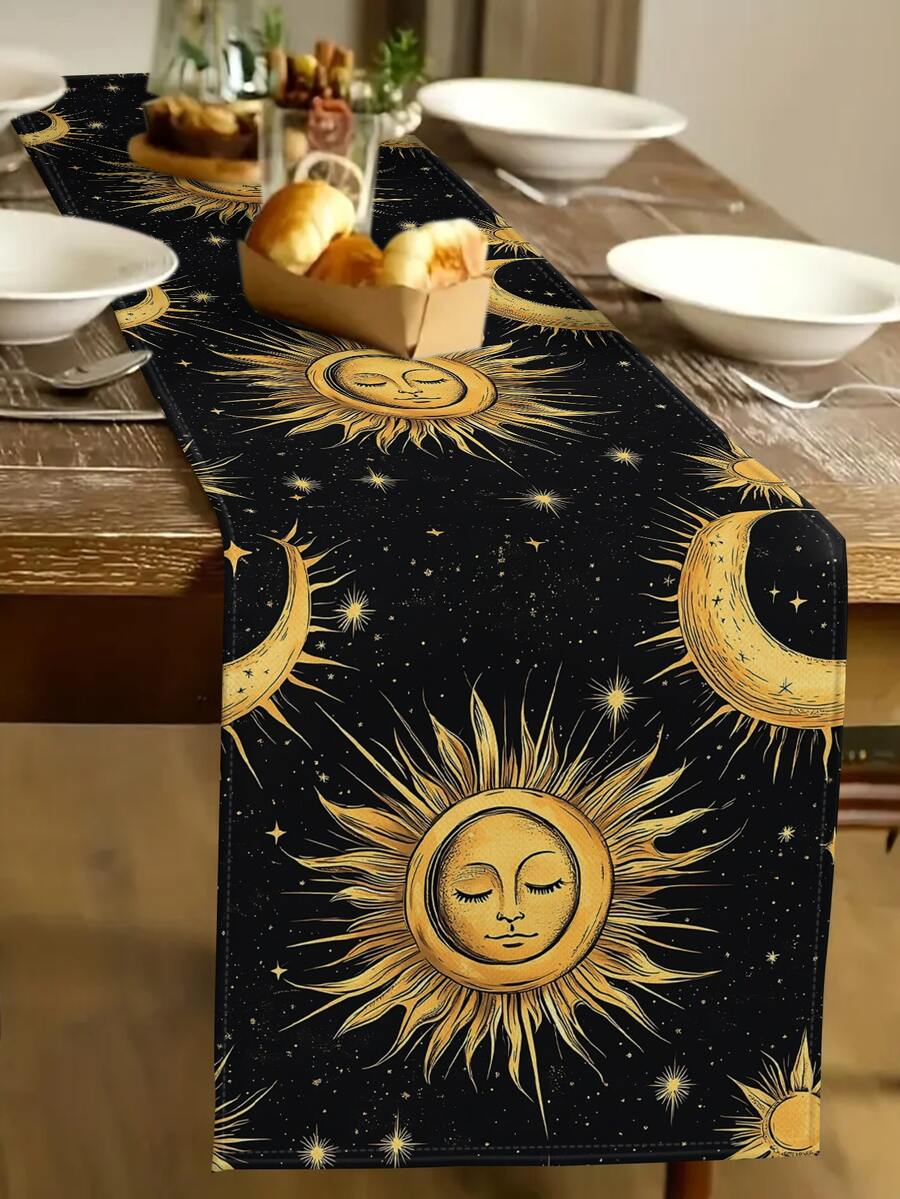 1 pieza / 10 piezas Camino de mesa con diseño de luna y sol, estilo moderno, decoración del hogar, material de imitación de lino, 33*91cm/33*183cm/33*274cm, 3 opciones de tamaño, suministros para fiestas, decoración de habitaciones. Adecuado para decoración del hogar y la cocina, y decoración de eventos y fiestas.