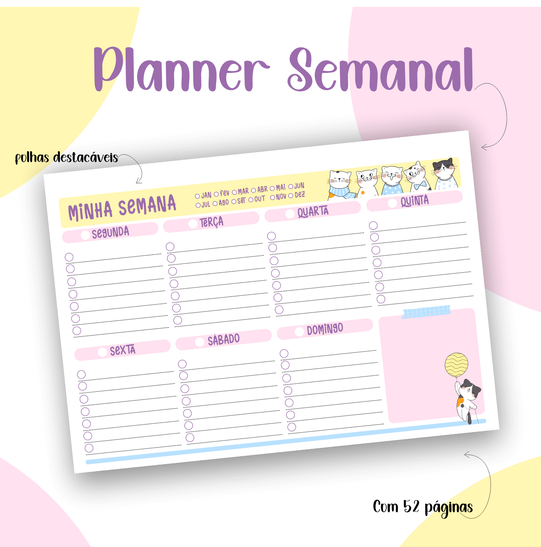 Planner Semanal  Gatinhos 52 paginas