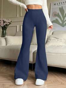 High Waist Elastic Flare Pants, Sports Yoga Pants, Compression Tight Leggings, Running Fitness Pants, Women's Activewear Pants, Breathable Quick-Dry, Spring/Summer - Blue - View 2