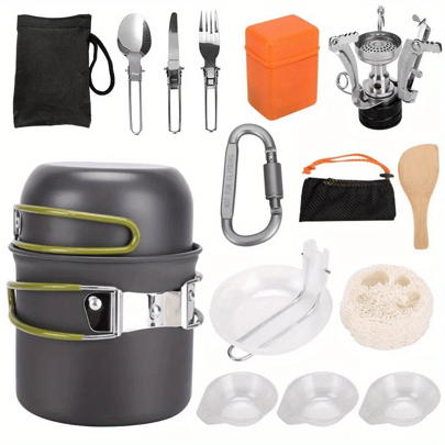 Lightweight Aluminum Camping Cookware Set With Gas Stove Compatibility - Includes Foldable Pot, Skillet, Utensils & More For Hiking And Outdoor Adventures, Green, Camping Accessories