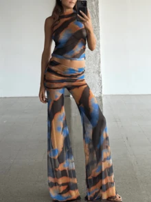 Women Mesh Sheer Flare Leg Bottom Pants Y2k Graphic Fold Waist See Through Festival Dance Rave Outfit Party Clubwear - màu nâu - Xem 1