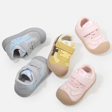 1 Pair Baby Shoes With Line Decoration, Leather Material With Anti-Slip Function, Collision-Proof Toe Design, Hook And Loop Strap, Flat Heel, Simple & Energetic Style, Suitable For Daily Outing, Walking And Playing - Grey - View 8