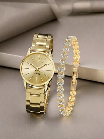 2 Pieces/Set Fashion Elegant Gold Round Quartz Watch And Bracelet As A Couple's Gift, Suitable For Daily Casual Wear, Simple And Elegant, Perfect As A Halloween, Christmas, Or Birthday Gift.
