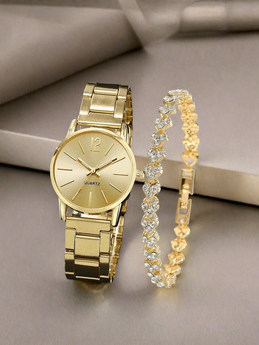 2 Pieces/Set Fashion Elegant Gold Round Quartz Watch And Bracelet As A Couple's Gift, Suitable For Daily Casual Wear, Simple And Elegant, Perfect As A Halloween, Christmas, Or Birthday Gift. - Multicolor - View 1
