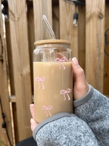 1pc 16oz Transparent Cup Comes With Bamboo Lid & Straw,With Pink/Blue Bow Design, Large Capacity Outdoor Travel Portable Drink Juice Cup For Summer & Winter, Birthday Party Holiday Gift, Christmas Present