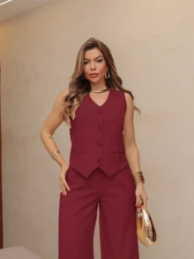 WOMEN'S VEST AND PANTS SET SP042 - 酒紅色 - 查看 3