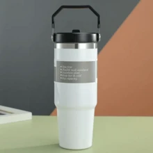 30盎司带吸管盖手柄杯，双层真空隔热水瓶，防漏杯身，适合旅行咖啡杯，杯架友好，适用于办公室、家庭、运动