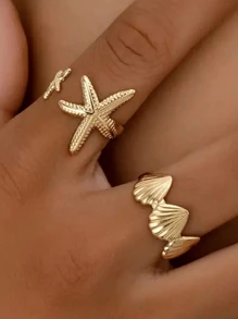 2 Stücke/Set einstellbare Seestern- & Muschelringe, personalisierte Ringe im Ozean-Resort-Stil für Frauen