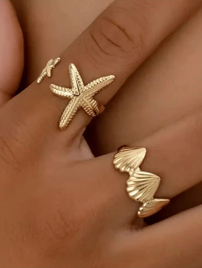 2pcs Alloy Starfish & Shell Adjustable Rings Set, Personalized Ocean Holiday Rings For Women