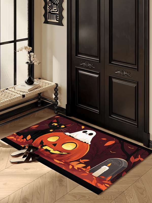 1pc Halloween Cute Pumpkin, Cat, Ghost Velvet Carpet, Suitable For Living Room, Dining Room, Study, Bedroom, Entrance, Personalized & Fashionable Home Decor