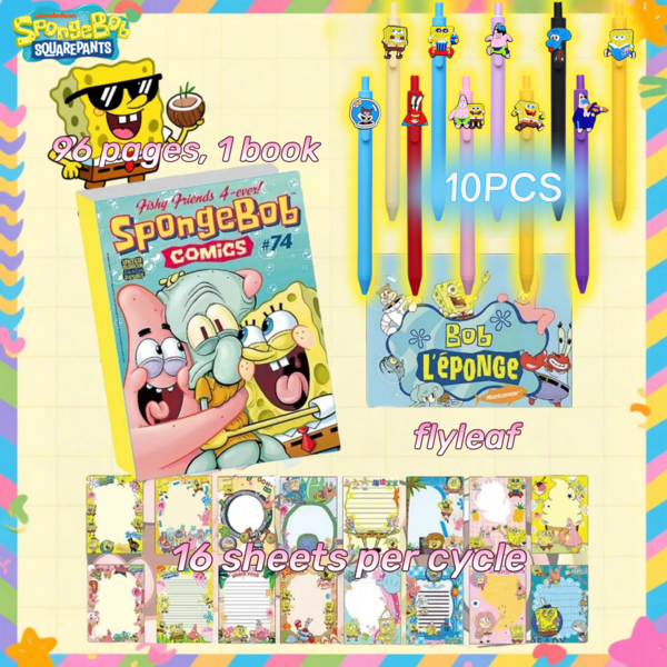 SPONGEBOB 1pc Official SpongeBob SquarePants Themed Notebook With 10pcs High-Quality Pens, Decorative Cover Page, 96 Pages Of Cartoon-Themed Inner Pages, Suitable For Office, School, Daily Writing And Decoration, Perfect Gift For Fans