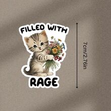 幽默“愤怒”猫贴纸 - 精力充沛的小猫拿着花束，俏皮有趣的设计，适用于笔记本电脑、水瓶、笔记本、可重复使用的乙烯基贴纸、易于剥离和粘贴的笔记本电脑配件、可爱的贴纸、学校用品、返校 - 彩色 - 查看 3