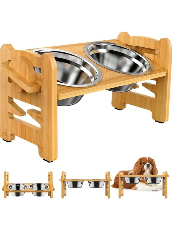 2 Bowls + Cat Feeder Stand, Stainless Steel Food Rack, Anti-Spill Single/Dual Bowls For Cats & Dogs, Bamboo & Wood Pet Bowls Stand, Adjustable Neck Protection Feeder For Small/Medium Dogs & Cats
