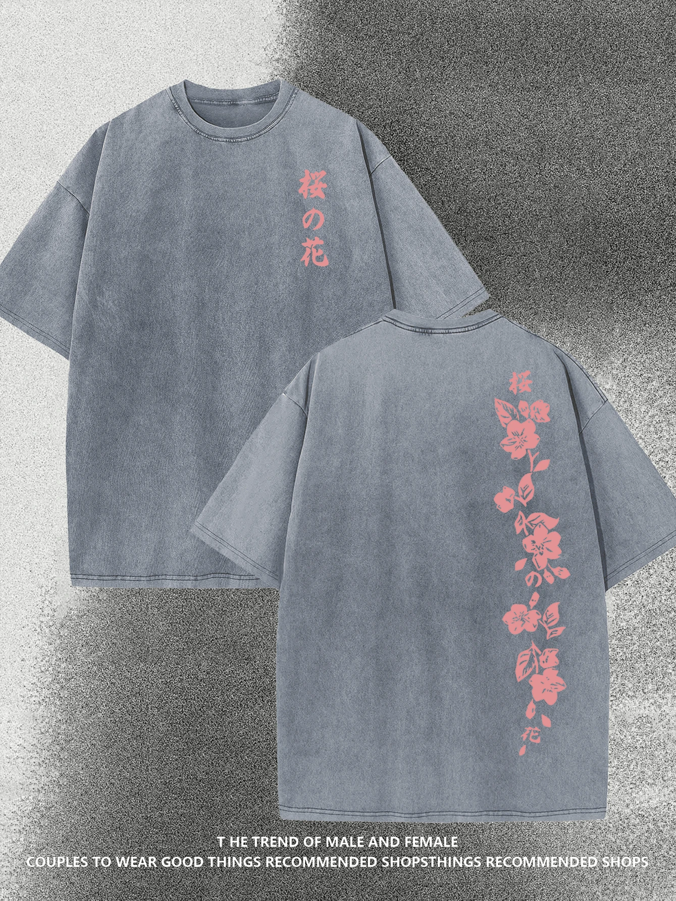 Japanese Cherry Blossom Double-Sided Cherry Blossom Pattern Print. Round Neck Short Sleeve Washed T-Shirt 230g Cotton Double-Sided Washed All-Matching Fashionable Retro Batik High Quality Cotton Short Sleeve Street Retro Loose Casual Hip-Hop Men And Women Comfortable Design Suitable For Outdoor Leisure Activities - 灰色 - 查看 1