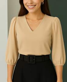Women's Crepe Duna Blouse With 3/4 Puff Sleeve Plus Size And Slim - 米色 - 查看 7
