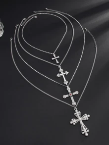 4 件套赛博朋克优雅街头风格仿珍珠彩色水钻心形十字架项链套装，多层吊坠项链时尚配饰女士 - 銀色 - 查看 8