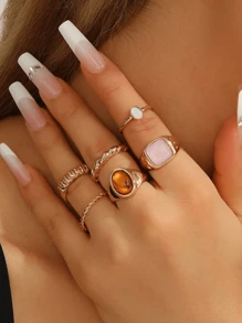 9 Stücke/Set geometrische Legierungs-Ringe, Handflächendruck Hohldekoration, minimalistische Fingerringe für Frauen, geeignet für den täglichen oder Urlaubsgebrauch