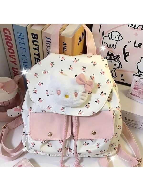 Sanrio 1pc Sanrio Kitty Floral Print Women Backpack, Large Capacity Multi-Compartment, Zipper Closure, Fashion Shoulder Bag For School, Casual Travel