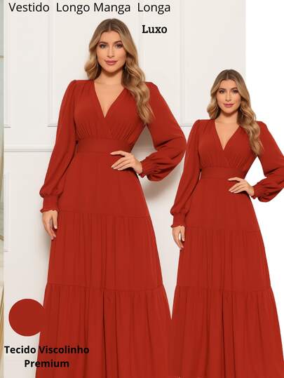 Vestido Longo Manga Longa Latex Elegante Festa Casual