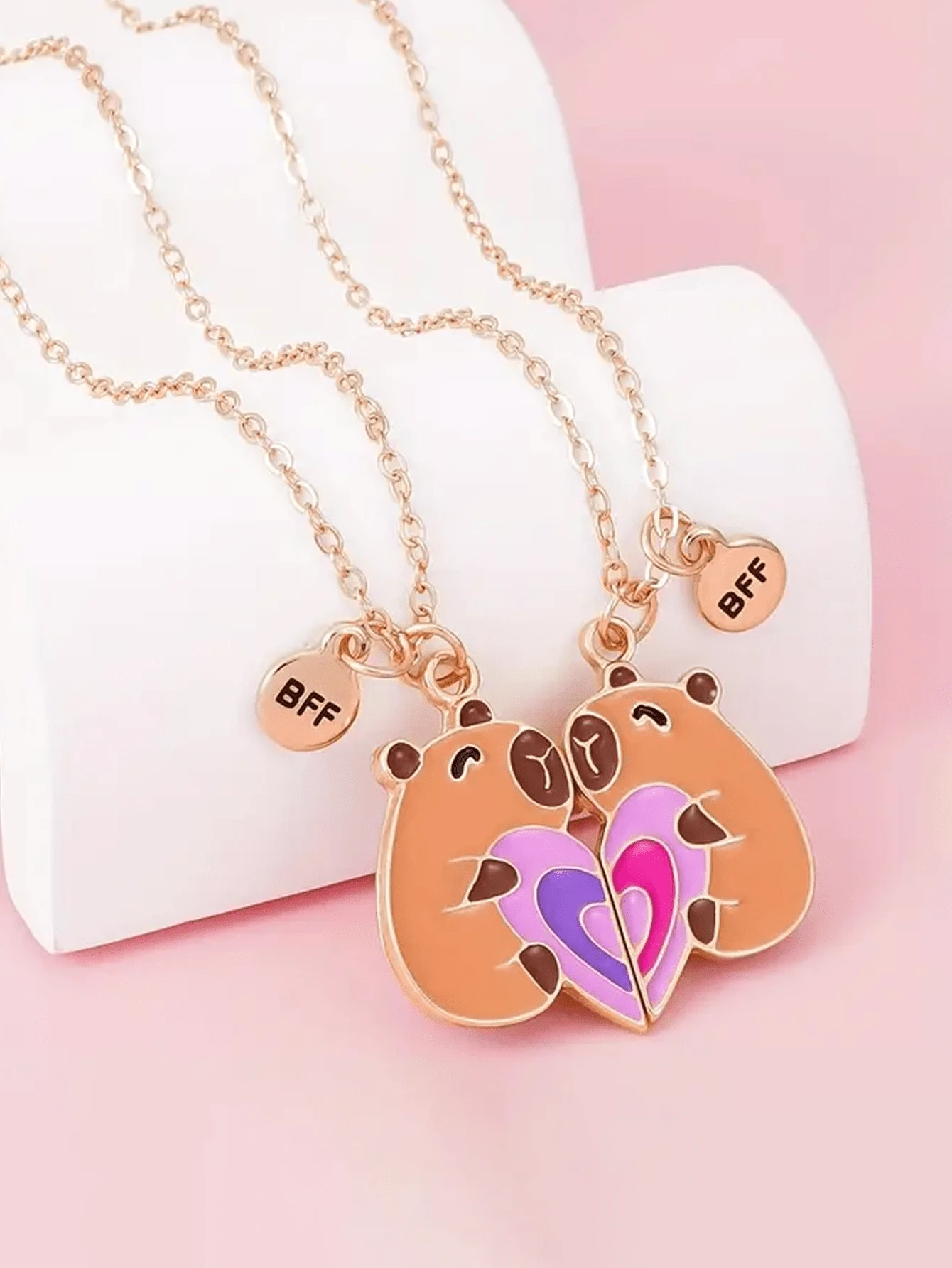 2pcs Cute Capybara Heart Shaped DIY Jewelry Set, Fashionable Best Friend/Girlfriend Gift, Necklaces For Girls, Party, Birthday, Music Festival - Multicolor - View 1