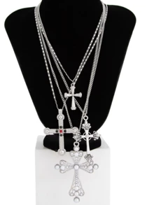 4 件套赛博朋克优雅街头风格仿珍珠彩色水钻心形十字架项链套装，多层吊坠项链时尚配饰女士 - 銀色 - 查看 10