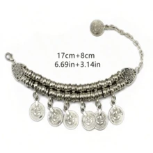 1 chiếc vòng tay xích tua rua đồng xu phong cách Bohemian cổ điển, phụ kiện trang sức tối giản dành cho phụ nữ - Màu Bạc Cổ - Xem 4