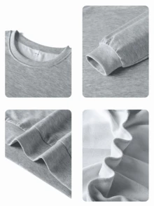 青少年女孩休闲图案印花圆领长袖运动衫，秋冬 - 灰色 - 查看 5