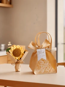 1pc 15*12cm Delicate Mini Handmade Knitted Bouquet With Tote Bag - Two Colors Sunflower Bouquet, Home Decor, Room Decoration Gift, Matte Thick Tote Bag With Thank You Label And Ribbon, Teacher Gift - Perfect For Indoor, Outdoor, Dating, Party, Festival, Home, Office, Mother's Day, Father's Day, Christmas, Graduation, Thanksgiving, Valentine's Day, Wedding, Teacher's Day, Ideal Gift For Family, Teachers, Relatives And Friends