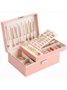 Caja organizadora de joyas, caja de joyas para chicas y mujeres, organizador de aretes con cerradura, de doble capa, estuche para joyas con bandeja extraíble para collares, aretes y anillos