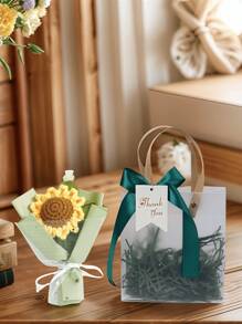 1pc 15*12cm Delicate Mini Handmade Knitted Bouquet With Tote Bag - Two Colors Sunflower Bouquet, Home Decor, Room Decoration Gift, Matte Thick Tote Bag With Thank You Label And Ribbon, Teacher Gift - Perfect For Indoor, Outdoor, Dating, Party, Festival, Home, Office, Mother's Day, Father's Day, Christmas, Graduation, Thanksgiving, Valentine's Day, Wedding, Teacher's Day, Ideal Gift For Family, Teachers, Relatives And Friends