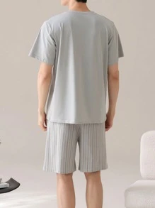 AICJ Set de 2 piezas de pijama casual de hombre con pantalón corto a cuadros y camiseta de manga corta de unicolor holgada y sencilla, para primavera/verano