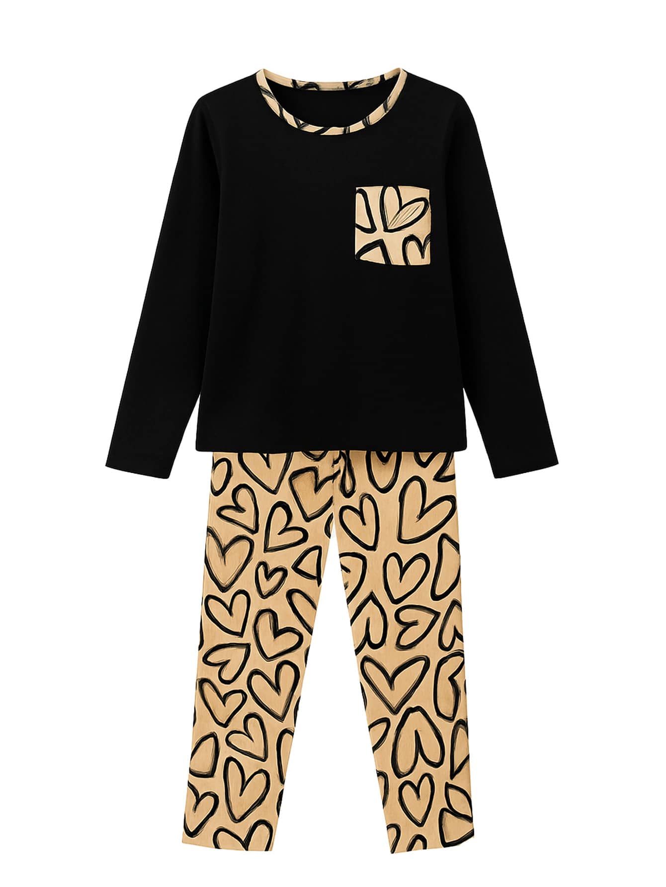 Women's Long Winter Warm Pajama Set With Heart Print - Multicolor - View 1