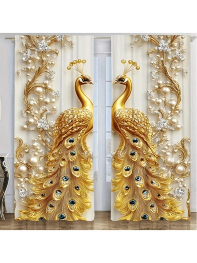 2 piezas de Cortinas con estampado de pavo real contemporáneo, 100% poliéster, lavables a máquina, diseño de bolsillo para barra, 90-100 g/m², para dormitorio, oficina, cocina, sala de estar, estudio - Decoración elegante para el hogar sin barra