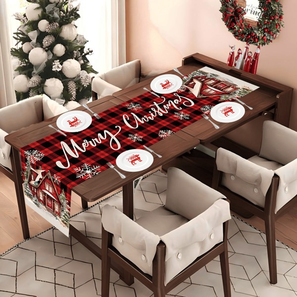 1 Pc/270 Pcs Christmas Table Runner, Black & Red Plaid With Snowflake & House Design Elements, Made Of Polyester, 30 X 180 Cm, Winter Christmas Home Party, Dining Room & Living Room Table Centerpiece Decor, Indoor & Outdoor Tabletop Decorative Accessory