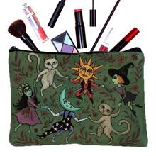 迷人森林之夜化妆包 – 深绿色女巫、猫和月亮设计，多功能拉链包，可装化妆品或零食，是送给姐妹、学生和女性的完美礼物 | 耐用拉链开合，天体艺术旅行收纳包