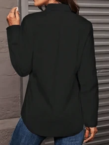 Plus Size Casual Solid Color Long Sleeve Shirt Black Spring - Black - View 3