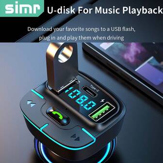 simr Super Lossless Sound BT Wireless Car MP3 Player FM Transmitter Dual USB Fast Charging PD Type-C USB One-Key Hands-Free Calling Car Audio Receiver