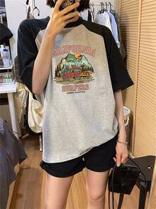 女士落肩短袖T恤，宽松中长款设计，卡通印花，时尚校园风，夏季休闲度假装扮 - 黑拼灰 - 查看 2
