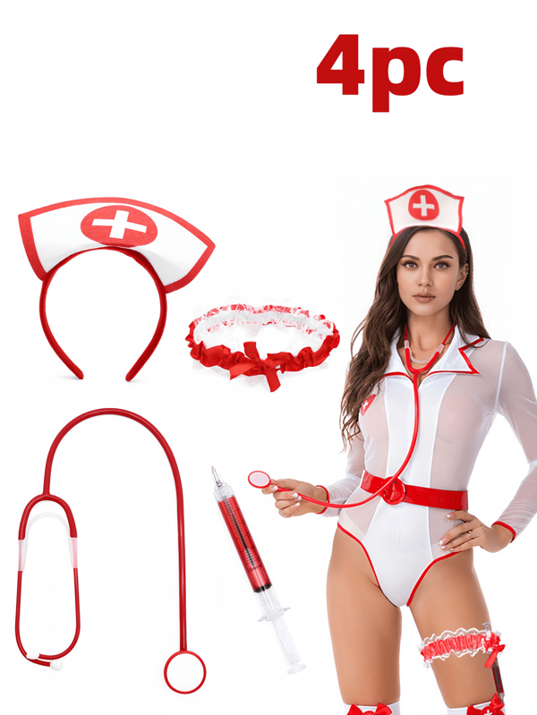 Nurse Role Play Props Set, Marital Accessories, Sexy Maid Nurse Costume For Women, Halloween Party Prop, Including Nurse Cap, Syringe-Shaped Pen, Stethoscope, Lace Garter Belt