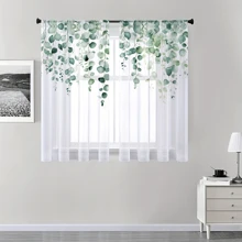 2pcs Nordic Green Foliage Sheer Curtain - Watercolor Leaf Design, Rod Pocket Thin Drapes For Bedroom, Office, Kitchen & Living Room Decor