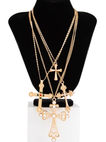 4 件套赛博朋克优雅街头风格仿珍珠彩色水钻心形十字架项链套装，多层吊坠项链时尚配饰女士 - 銀色 - 查看 9