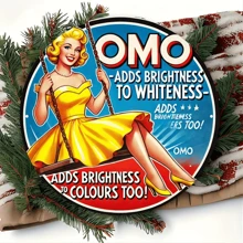 2D Flat - 1 Piece Vintage OMO Metal Sign, 8.0x8.0 Inch Round Retro Iron Plate, 1950s Advertising Element, Nostalgic Home Decor For Kitchen, Bathroom, Laundry Room, Dining Room, Bar, Cafe - Classic Distressed Yellow, No Electricity Needed, Rustic Decor | Vintage Metal Sign | Bold Font, Metal Wall Art Decor, Random Hole Style