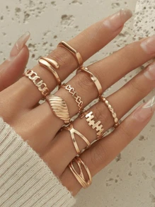 9 Stücke/Set geometrische Legierungs-Ringe, Handflächendruck Hohldekoration, minimalistische Fingerringe für Frauen, geeignet für den täglichen oder Urlaubsgebrauch