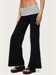 Women Fold Over Yoga Pants Low Rise Solid Color Stretch Casual Straight Wide Leg Palazzo Pants Loose Fit Comfy Flared Leggings Gym Lounge Pants Bootcut Bell Bottoms Baggy Sweatpants Teen Girl Back To School Bottoms Y2k Streetwear - 黑灰色 - 查看 4
