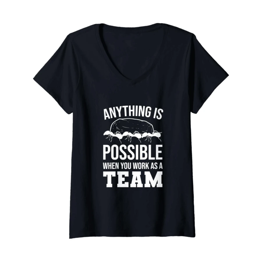 Women'S Motivational Entomologist V-Neck T-Shirt - Teamwork & Empowerment Design With "Anything Is Possible When You Work As A Team" Print, Casual Tropical Style, All-Season Wear, Black With White Lettering, Workplace Clothing | Empowering Message Shirt | Comfortable Fit - 黑色 - 查看 1