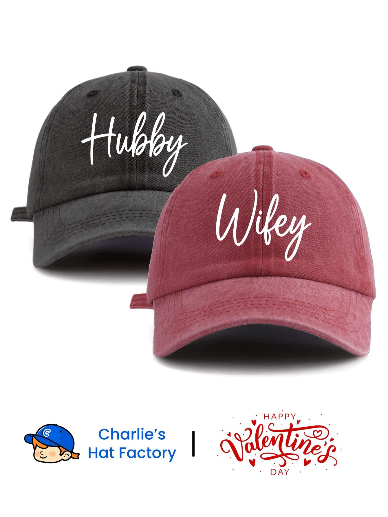 2 Pcs HUBBY WIFEY Print Washed Baseball Cap, Classic Casual Stylish Vintage Soft Sweatband Adjustable Size Lightweight Sun Protection Versatile Vintage Dad Hat, Suitable For Outdoor Sports Daily Wear Party Vacation Perfect Valentine's Day Gift For Parents Grandparents Couples