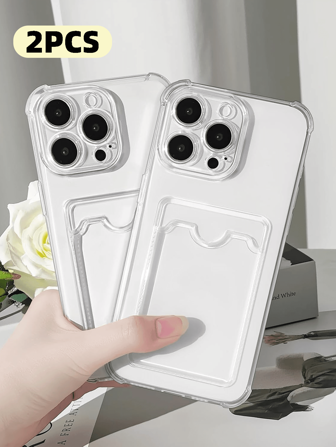 2 st. genomskinligt kortfodral kompatibelt med Galaxy Mi Redmi Honor Oppo Vivo, slim fit tunt skyddande mjukt TPU stötdämpande plånboksfodral med korthållare vattentätt fallskyddande reptåligt