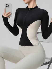 Chaqueta con cierre de cremallera, cuello alto y manga larga de color block casual para mujer - Negro - Ver 8